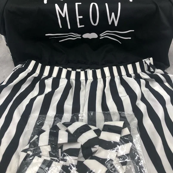 2pc Girl “Meow” Outfit With Belt | Black and White Stripes - Picture 10 of 12